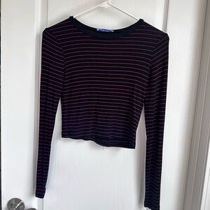 Zara Black and Red Striped Long Sleeve Blouse